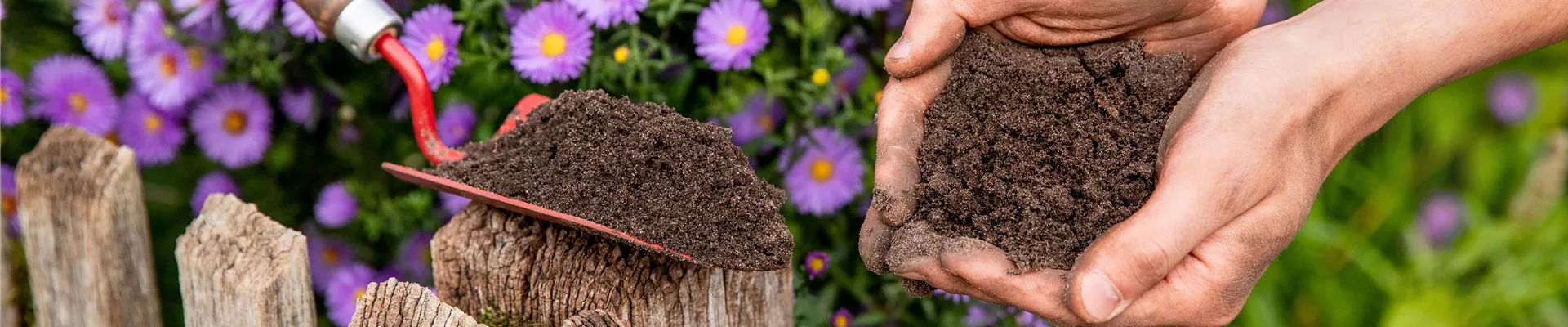 Erde in Händen und auf Pflanzkelle Erde in Händen und auf Pflanzkelle